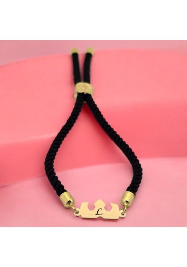 L Harfine Özel 14 Ayar Altın Plakalı Siyah İpek Örgülü Taç Figürlü Hediye Bileklik-507harf L
