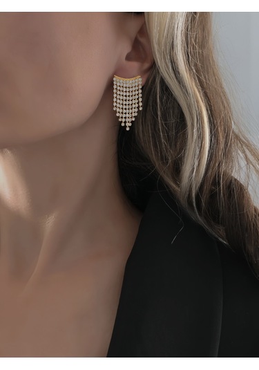 Sallantılı Minimal Beyoğlu Taşlı Gümüş Renk Küpe Altın