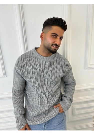 Kazak Oversize Çift Kat Zincir Örgü Naturel Pamuk Bol Kesim Tüylenmez Triko Kazak Gri