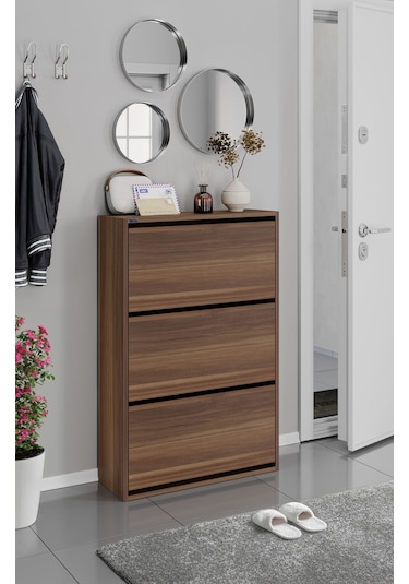 Ceha 3'lü Düşer Kapaklı Ahşap Ayakkabılık - Anadolu Ceviz A.AYK-3/A.CEVİZ