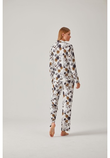 Pamuk Pamuk 24032 Kadın Ceviz Yeşil Çiçek Desen Önden Düğmeli Pijama Takımı 001