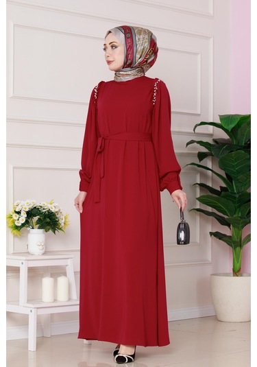 Omuzu Taş Detaylı Rose Elbise-kırmızı-4770 Kırmızı