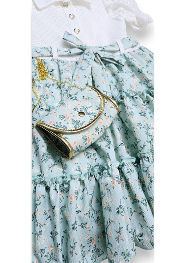 Çantalı Çiçekli Kız Çocuk Elbise Yeşil