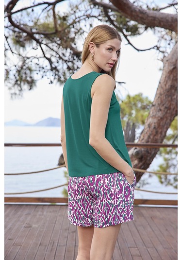 Monamise Kadın Desenli V Yaka Askılı Alt Üst Takım 25020 Yeşil