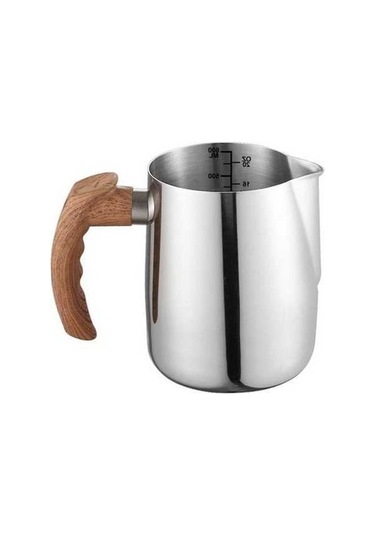 Novahub 600/1000ml Gümüş Paslanmaz Çelik Latte Kahve Fincanı Süt Köpürtme Sürahi Ahşap Saplı Damlamasız