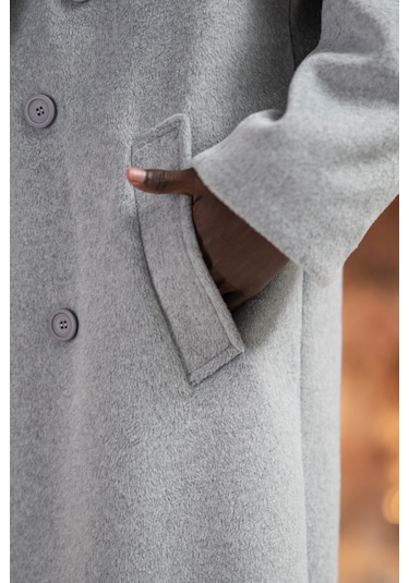 İtalyan Geniş Yaka Oversize Bol Kesim Salaş Uzun Kaban Gri