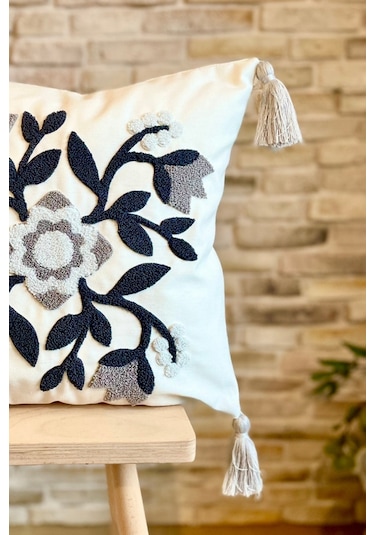 Swita Home Punch İşlemeli Tekli Dekoratif Özel Tasarım Kırlent Kılıfı Panç Lacivert - Gri