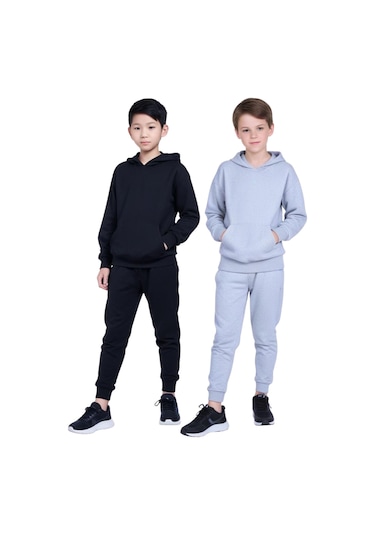 2'li Kanguru Cepli Kapüşonlu Düz Baskısız Erkek Çocuk Eşofman Takımı Siyah - Gri
