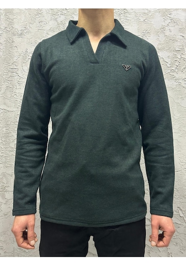 Selanik Örgü Yakalı Patlı Erkek Sweatshırt Nefti Yeşil