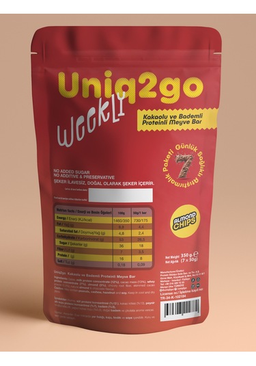 Uniq2go Weekly Kakaolu ve  Bademli Proteinli Meyve Bar 7 Adet 50 G