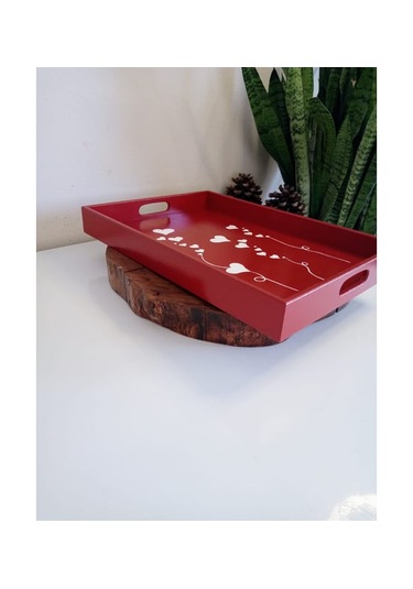 Yeni Yıl Tepsisi Ahşap Dekoratif Kahve, Çay, Söz, Nişan, Sunum , Servis Tepsisi Kırmızı