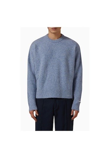 About Blank Mohair Örgü Logo Kazak, Intarsia Logolu Tasarım Mavi