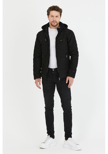 Erkek Siyah Dar Kesim Kapüşonlu Kalın Kumaş Süet Mont Siyah
