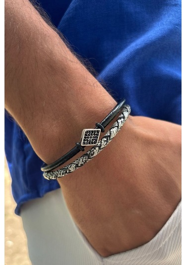 El İşçiliği İle Üretilmiş Hakiki Deri Erkek Bileklik Gümüş - Beyaz