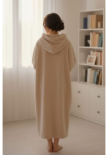 Serona Wellsoft Peluş Kapüşonlu Uzun Panço Yumuşak Dokulu Giyilebilir Tv Battaniyesi Bej S/m Bej
