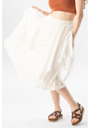 Salkım Vual Dantelli Saçaklı Uzun Yazlık Otantik Etek Krem Krm-krem Krem