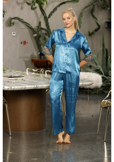 Laperissa Kadın Mavi Desenli Saten Düğmeli Pijama Takımı Dantel Kol Detaylı Şık Ve Rahat 2 Li Set Mavi