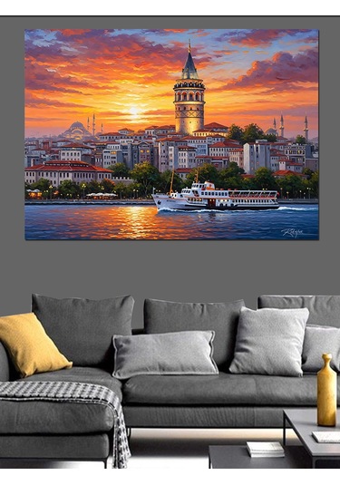 İstanbul Galata Kulesi Günbatımı Dekoratif Kanvas - Mdf Ahşap Tablo