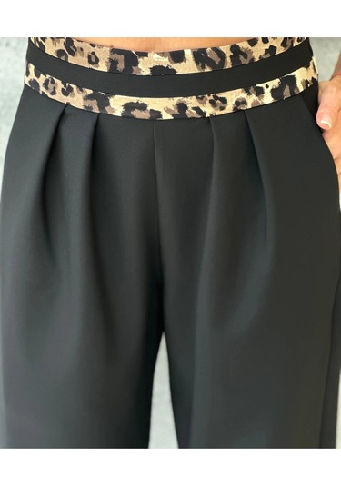 Trend Kadın Önü Düğme Kapamalı Arkası Leopar Desenli Bol Pantolon İkili Takım Siyah