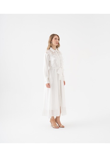 3d Çiçek Aplikeli Kuşaklı Gömlek Elbise Ekru