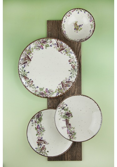 Retro Birds Porselen Akıtma 6 Kişilik 24 Parça Yemek Takımı Bej