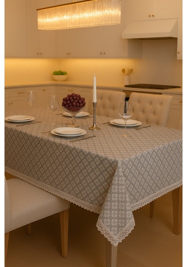 Lüks Gri Dantel Detaylı Masa Örtüsü Şık Desenli Su Geçirmez Kumaş Şık Sofra Dekoru Gri