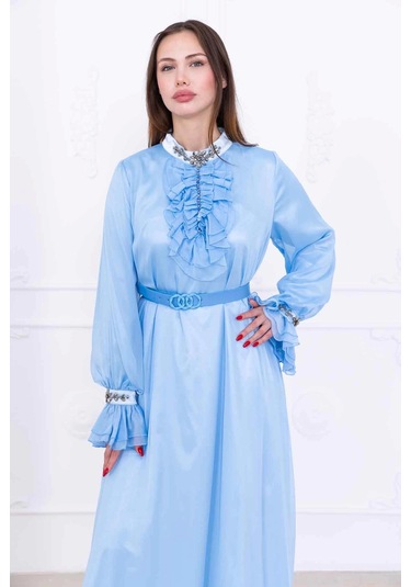 Yaka Fırfırlı Boncuk İşlemeli Şifon Abiye 2716-bebe Mavisi Bebe Mavisi Mavi