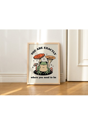 Kurbağa Mantarı Cottagecore, Sevimli Kurbağa, Pozitif, Retro Duvar Dekoru, Büyük Sanat