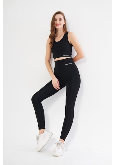 Lesa Wear Yüksek Bel Likralı Toparlayıcı Tayt Crop Takım Siyah