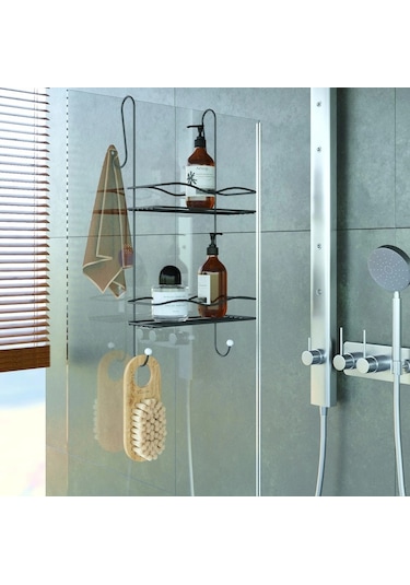Duşakabin Banyo Rafı Şampuanlık 2 Katlı Askılı Siyah Geniş Siyah