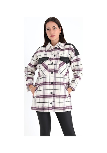 Deri Garnili Ekose Cepli Gömlek - Mor-mor Mor