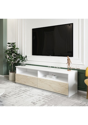 Centra Kapaklı Tv Sehpası,tv Ünitesi İstanbul Ceviz, Ev-ofis - Beyaz/traverten Beyaz/traverten