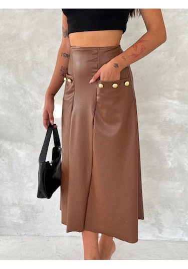 Kadınyüksek Bel Cep Ve Düğme Detay Fırsat Ürün Midi Boy Deri Etek Kahve