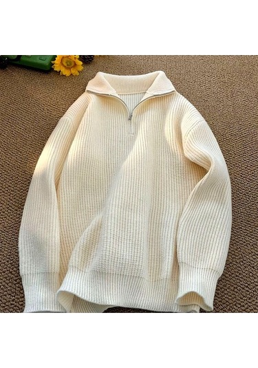 Novahub Kadın Erkek Y2k Balıkçı Yaka Kazak Örgü Tişörtü Ceket Fermuarlı Erkek Kore Kış Dış Kazaklar Erkek Bluz Bej - L Bej