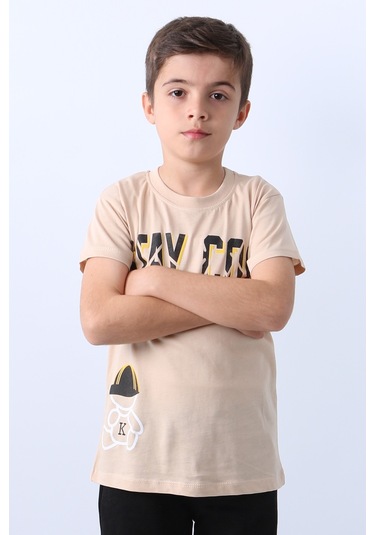 Erkek Çocuk Tişört Stay Cool Baskılı Bisiklet Yaka F18 Bej