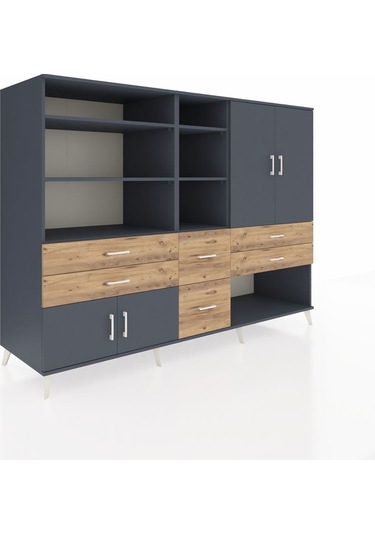 Kronos Dolap 10 Raflı 6 Çekmeceli 4 Kapaklı 220x59x163 Antrasit-a Antrasit-antrasit/çam