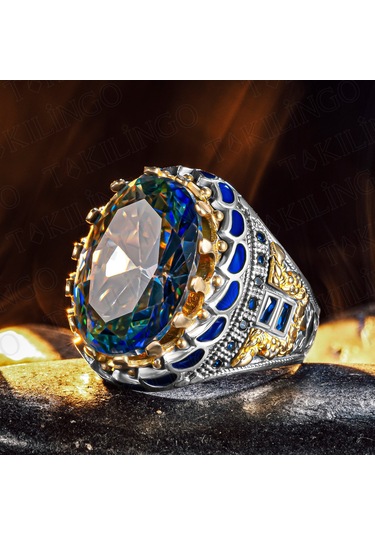 Takılingo 925 Ayar Gümüş Mavi Topaz Taşlı Zirkon Taş Detaylı Erkek Yüzük Gümüş