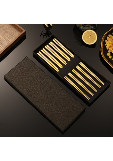 Springsun 304 Paslanmaz Çelik Kaymaz Yemek Çubukları Seti - 5 Çift Hediye Paketli Altın