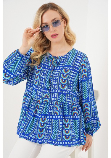 Kadın Desenli Uzun Kol Bluz 970 - Saks Saks