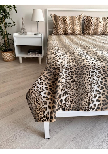 Üntaş Leopar Lastiksiz Çift Kişilik Çarşaf + Yastık Kılıfı Kahverengi 2 Adet Kahverengi