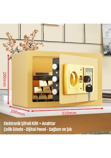 20'lik Elektronik Şifreli Ve Anahtarlı Çelik Para Kasası Dijital Panelli, 31 20 20 Cm