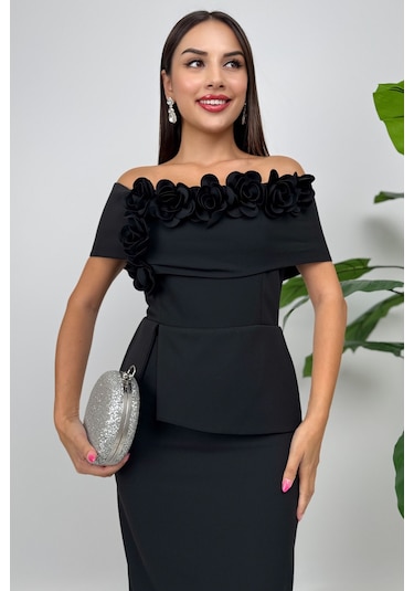 Vivenza Gül Detaylı Omuz Açık Kayık Yaka Uzun Siyah Abiye Elbise, Nişan Ve Düğün Zarafeti Siyah