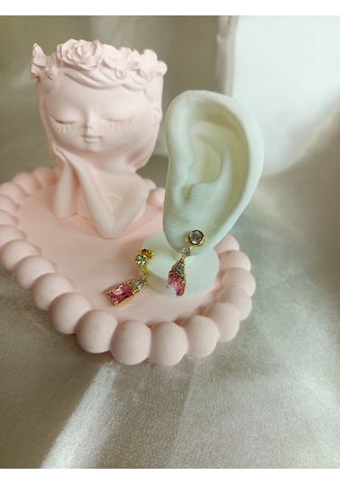 Pembe Taşlı Bronz Küpe