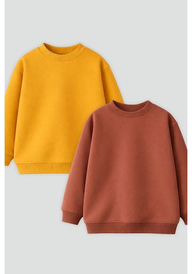 Zuzunga 2'li Basic Şardonlu Çocuk Sweatshirt Hardal - Kahverengi 9003