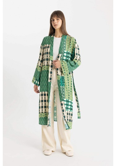Defacto Relax Fit Desenli Uzun Viskon Kimono C9688AX24SMKH461 Haki
