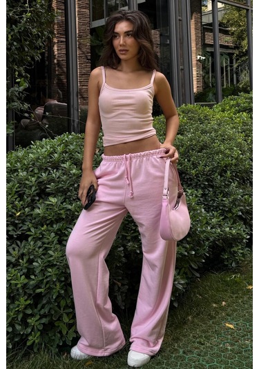 Pembe Geniş Paça Basic Kadın Eşofman Altı Mg2553 Pembe