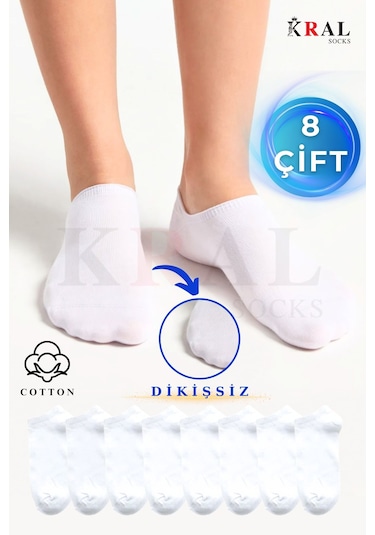 Kral Socks Kadın - Erkek 8 Çift Cotton Dikişsiz Soft Görünmez Penye Patik Bilek Çorap Beyaz