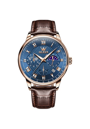 Olevs 2893 Erkekler Çok Fonksiyonlu İş Kuvars Saati Kahverengi + Mavi
