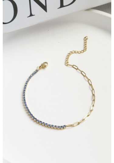 Kadın Çelik Bileklik İnce Suyolu Elips Mix Zincir Bileklik Mavi