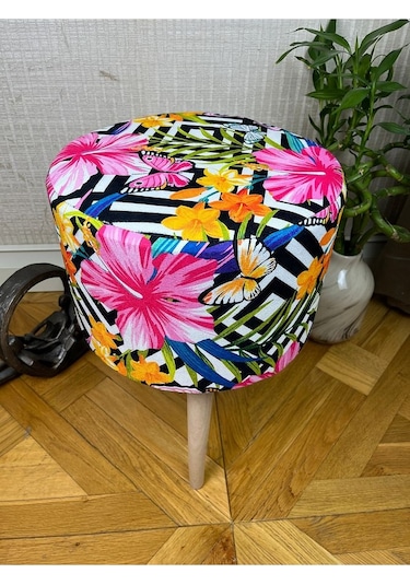 Pembe Çiçekli Puf Oturan Bench Tabure Koltuk Pembe Ahşap Ayak